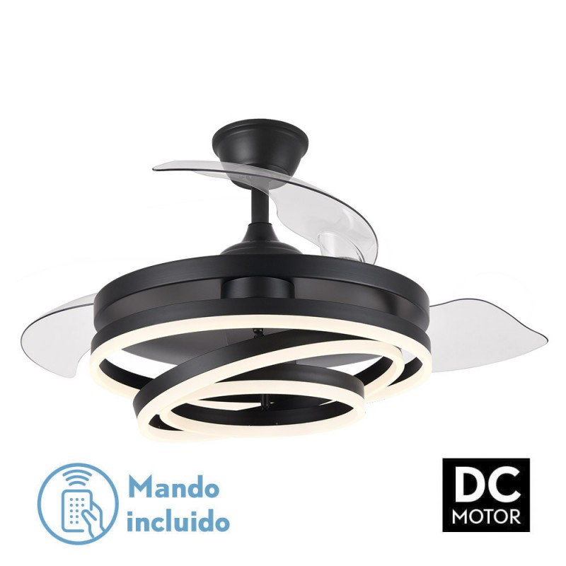 Ventilador de techo con luz LED negro con aspas retractiles y mando