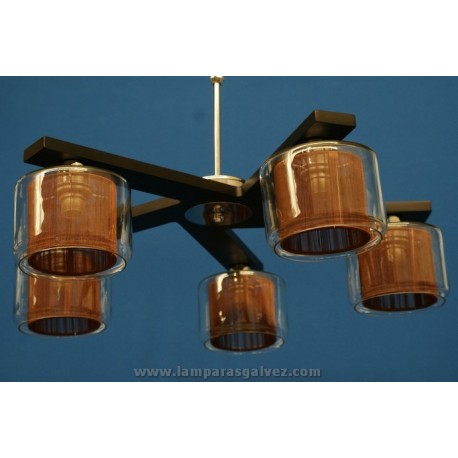 Lámpara Colgante Cromo y Madera Wengue Pantalla Cristal 5 Luces