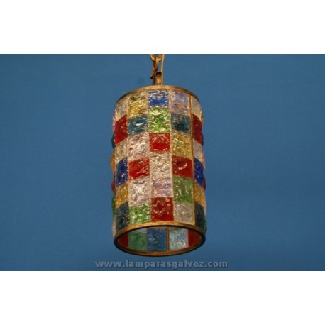 Lámpara Colgante de Forja Artística y Cristal Multicolor Cilíndrica